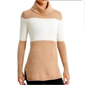 Cashmere Tan and White Turtleneck Sweater